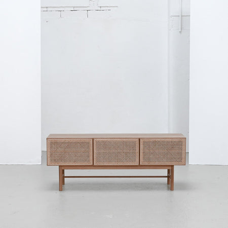 Racquet Media Cabinet - Oak + Rattan