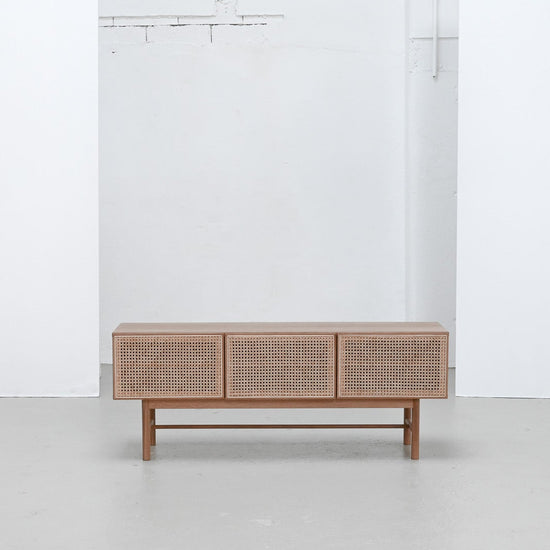 Racquet Media Cabinet - Oak + Rattan