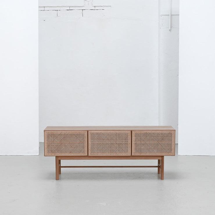 Racquet Media Cabinet - Oak + Rattan